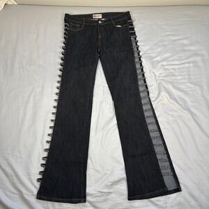Vintage y2k 90s Platinum Plush cut out side studded flared denim dark wash jeans